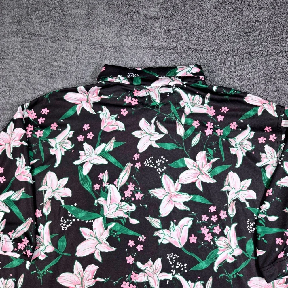 Waggle Golf Polo Mens 2XL Black Pink Floral Lily Performance Stretch Excellent - Picture 10 of 10